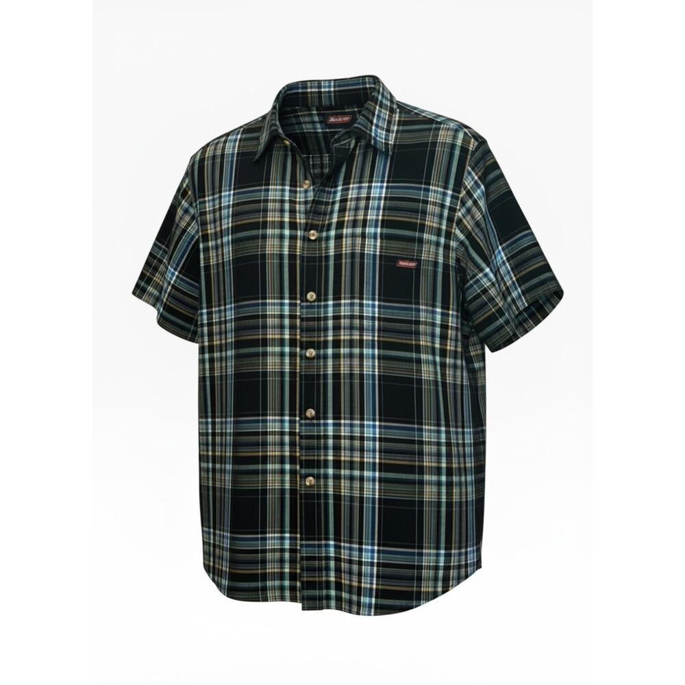 Dickies Black Blue Tan Plaid Short Sleeve Button Down Work Shirt M Dadcore Work